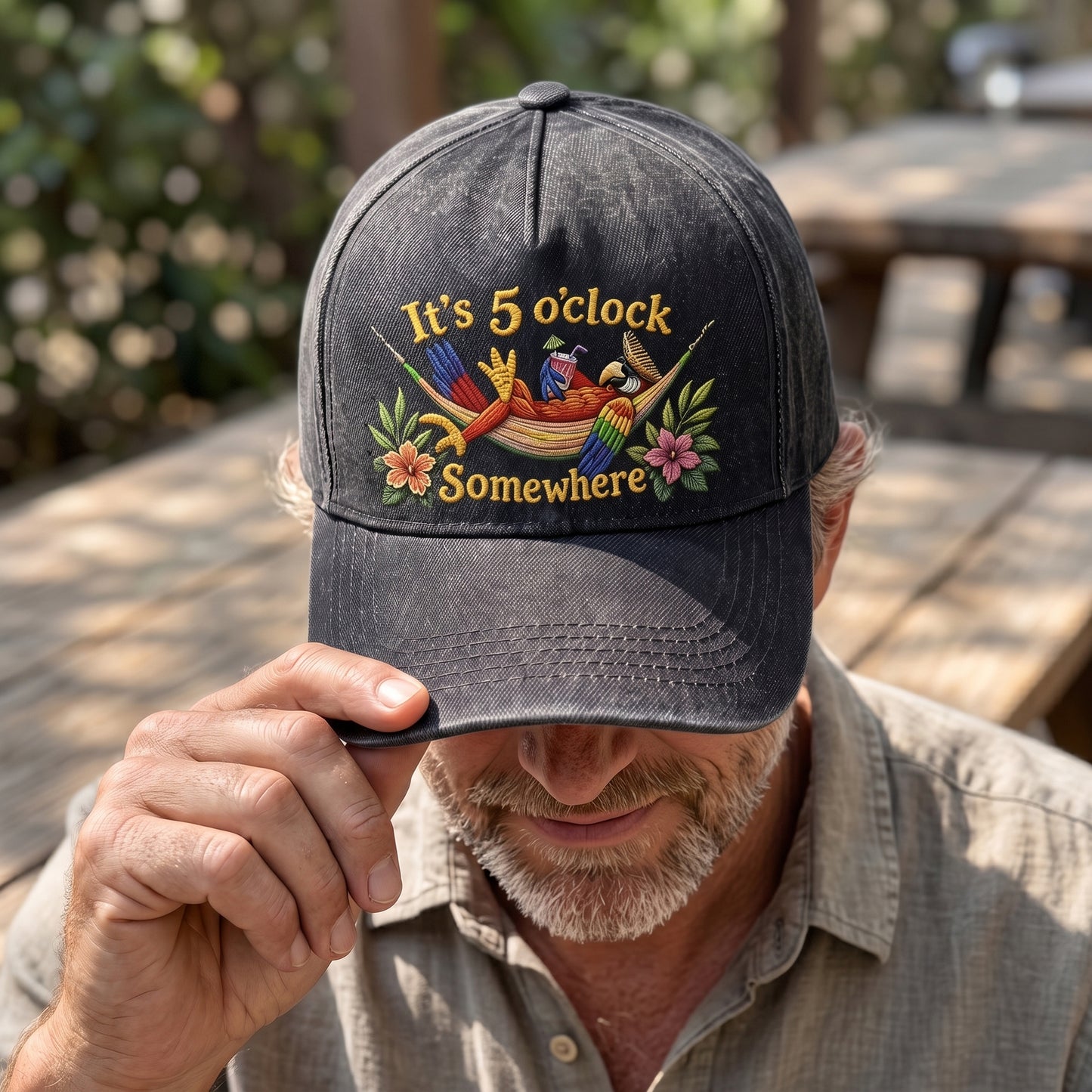 JBU It's 5 O'Clock Somewhere Parrot Distressed Denim Cap
