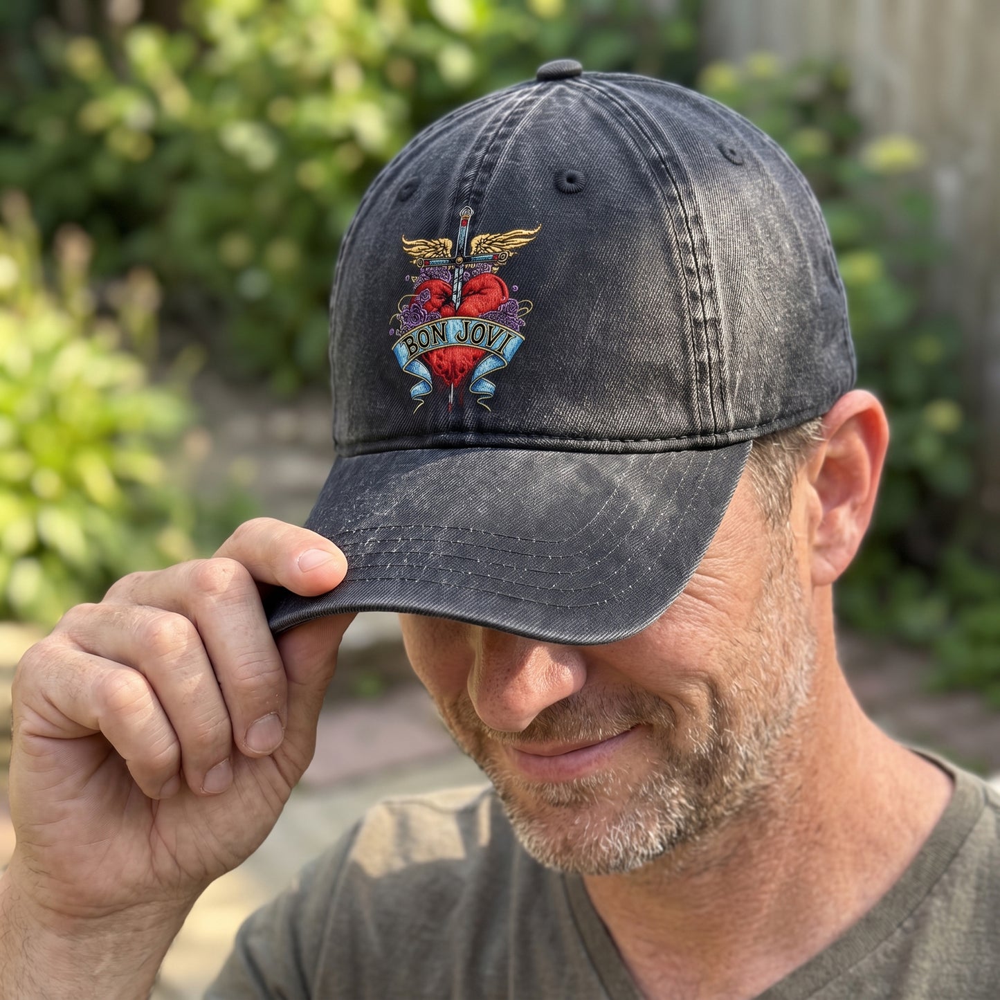BJO Winged Heart Distressed Denim Cap