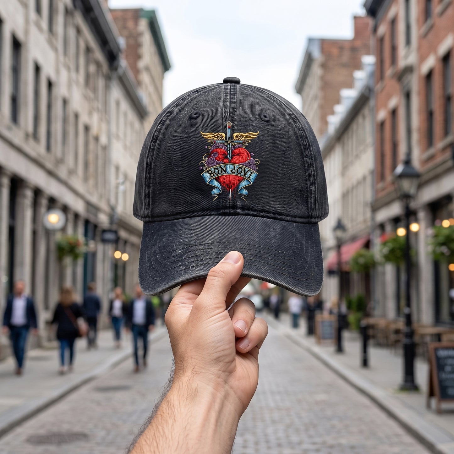 BJO Winged Heart Distressed Denim Cap