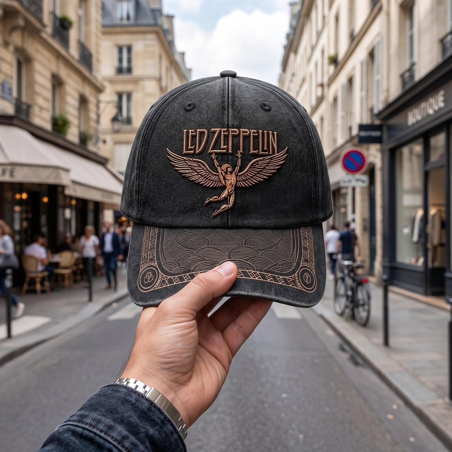 LZE Winged Icarus Distressed Denim Cap