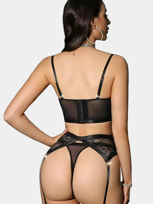 French Sexy Lingerie Set With Underwire Lace Ultra Thin Sexy Seductive Four-Piece Garter Pantyhose Bra Set
