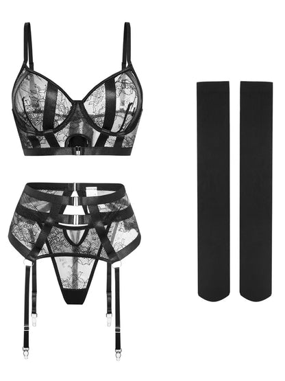 French Sexy Lingerie Set With Underwire Lace Ultra Thin Sexy Seductive Four-Piece Garter Pantyhose Bra Set