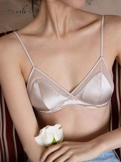 Winsleter, 93% Silk 7% Spandex Bra Satin Briefs, Women Wireless Triangle Cup Bralette Underwear, Healthy 2026 Spring A62938JF