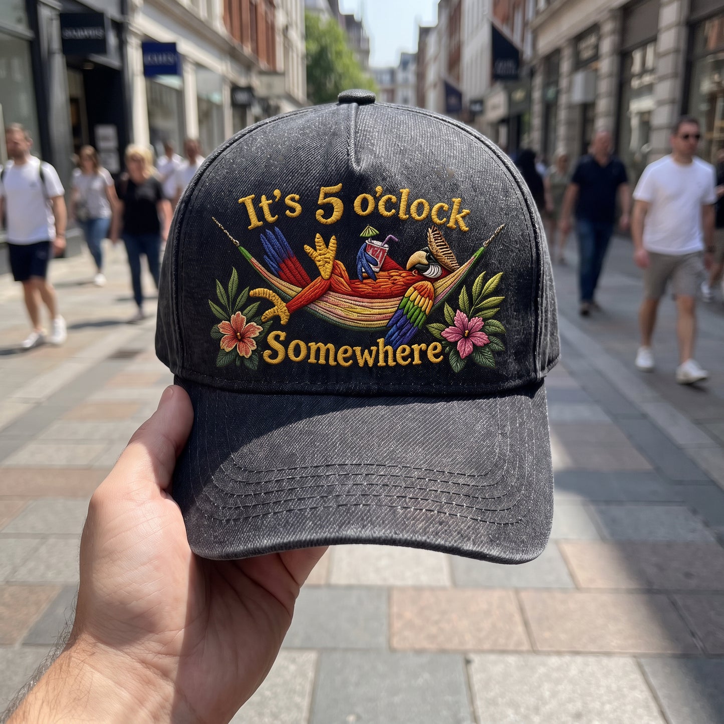 JBU It's 5 O'Clock Somewhere Parrot Distressed Denim Cap