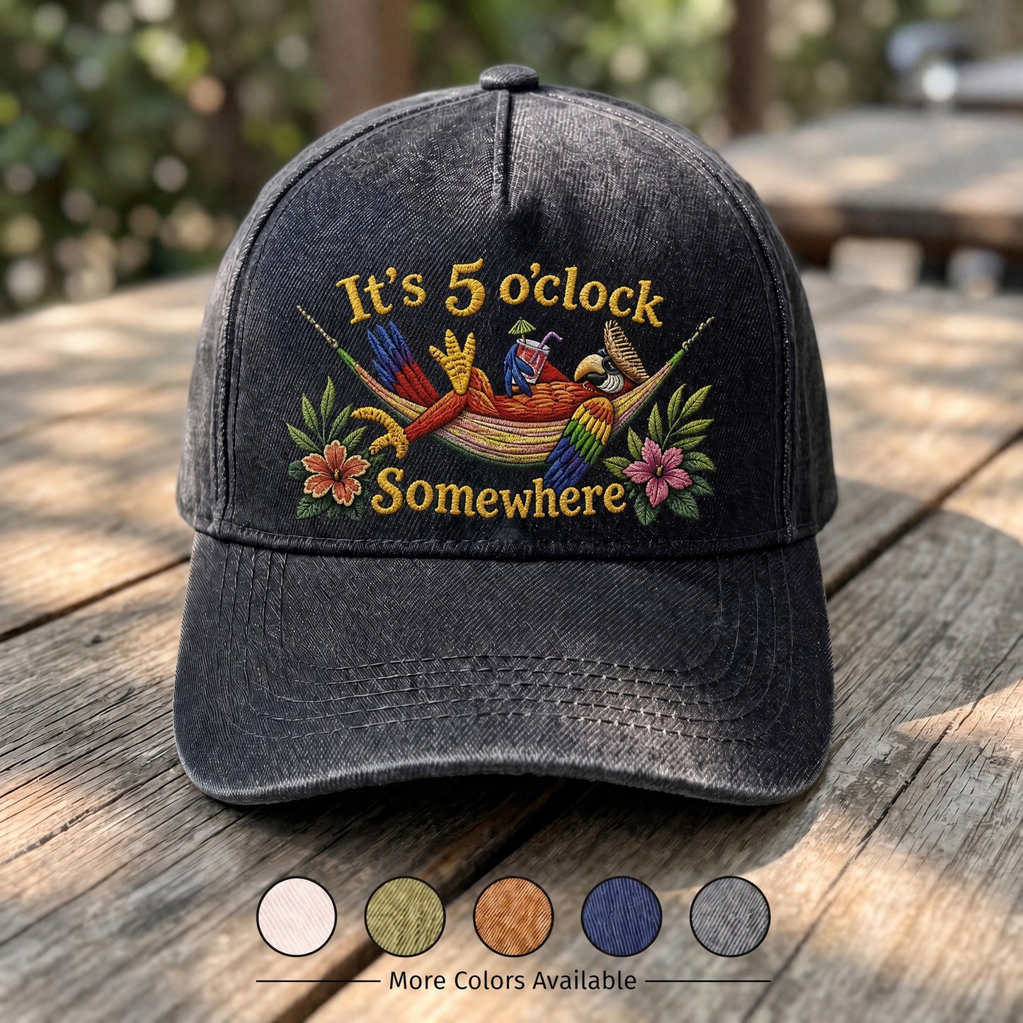 JBU It's 5 O'Clock Somewhere Parrot Distressed Denim Cap