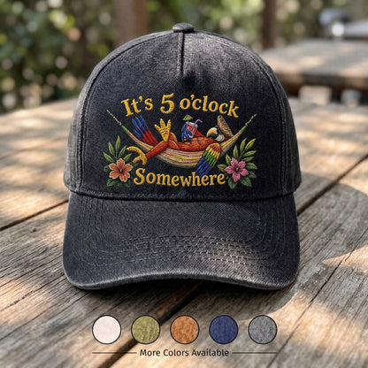 JBU It's 5 O'Clock Somewhere Parrot Distressed Denim Cap