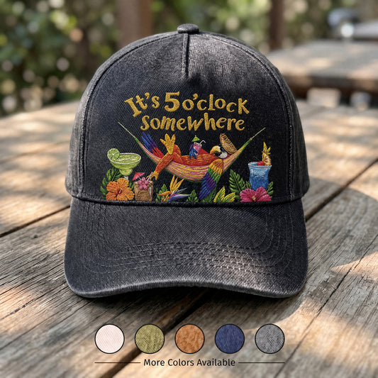 JBU It's 5 O'Clock Somewhere Tropical Parrot Distressed Denim Cap