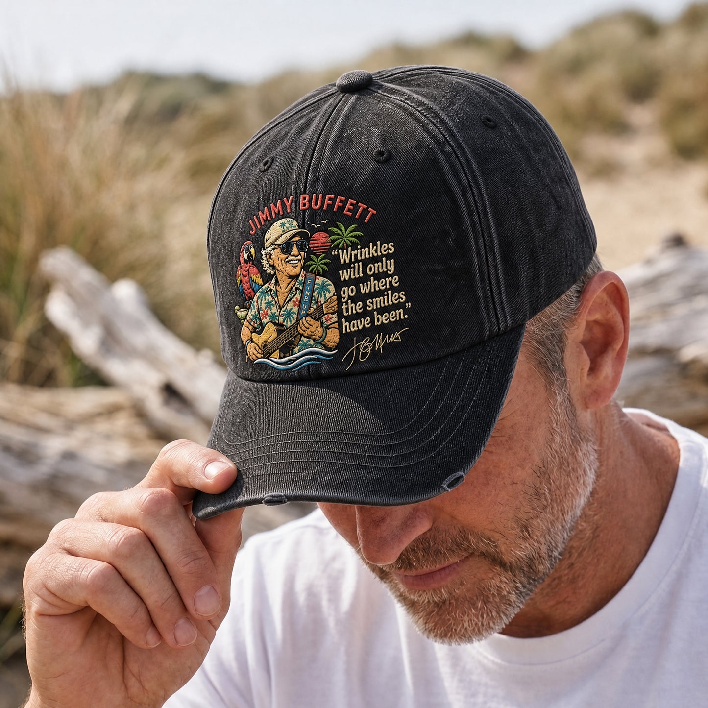 JBU Portrait & Parrot Distressed Denim Cap