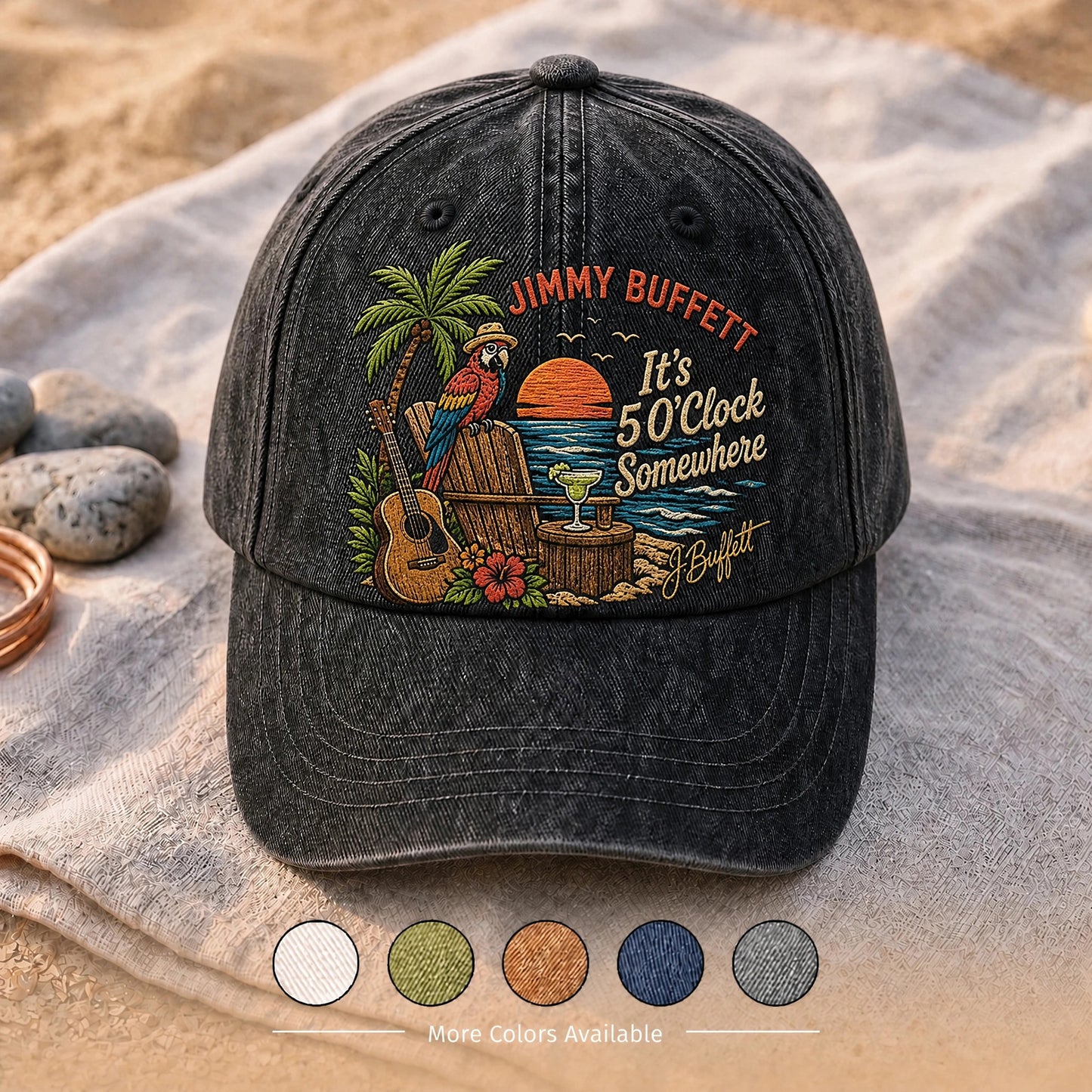 JBU Tropical Guitar & Palm Tree Distressed Denim Cap
