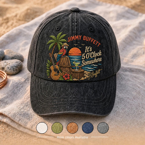 JBU Tropical Guitar & Palm Tree Distressed Denim Cap