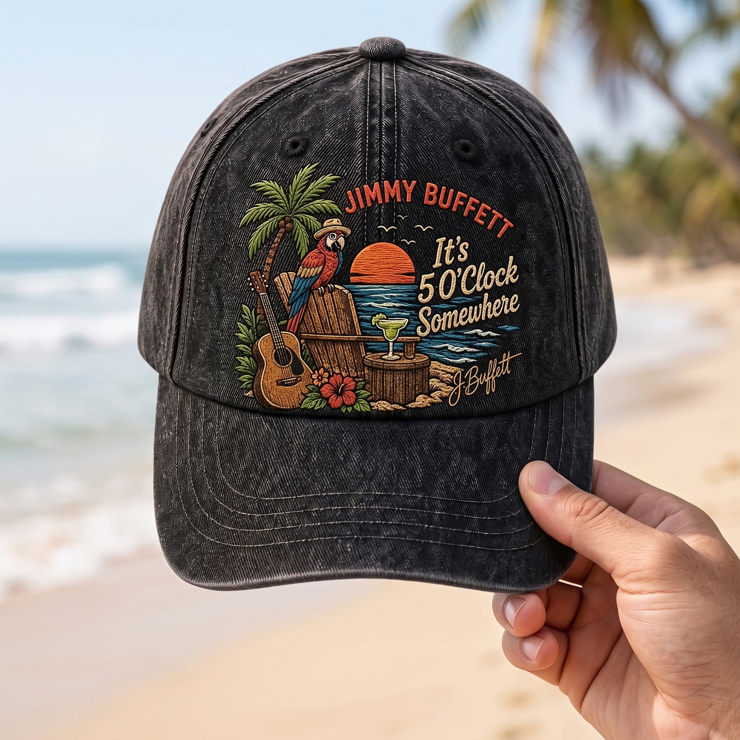 JBU Tropical Guitar & Palm Tree Distressed Denim Cap