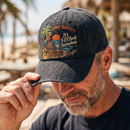 JBU Tropical Guitar & Palm Tree Distressed Denim Cap