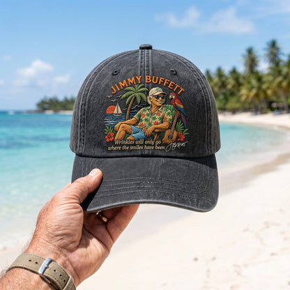 JBU Tropical Portrait & Smile Quote Distressed Denim Cap