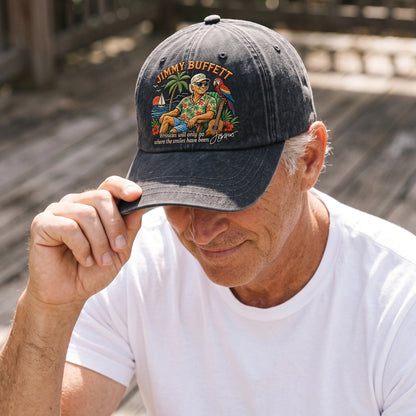 JBU Tropical Portrait & Smile Quote Distressed Denim Cap