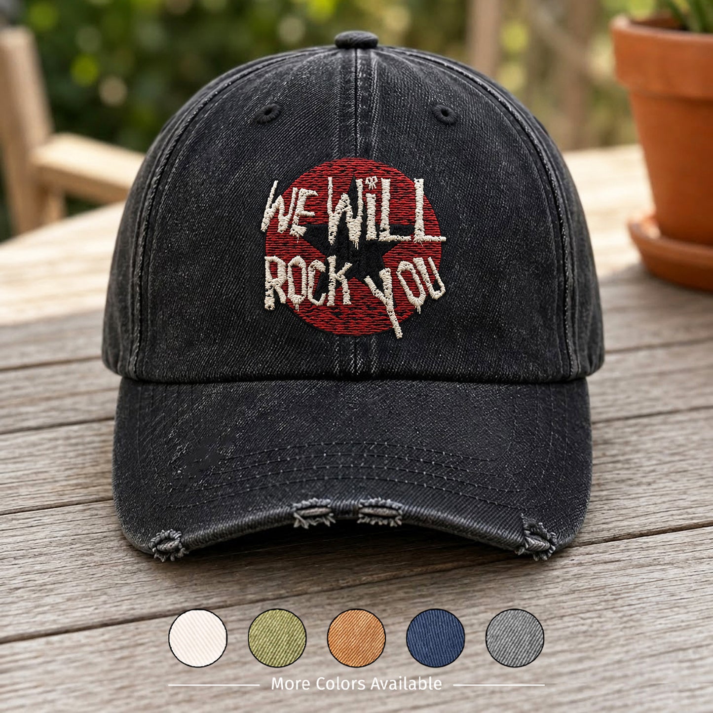 QNR We Will Rock You Typography Distressed Denim Cap