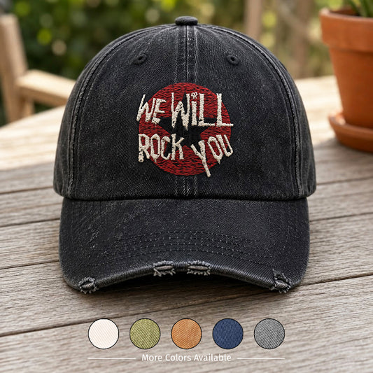 QNR We Will Rock You Typography Distressed Denim Cap