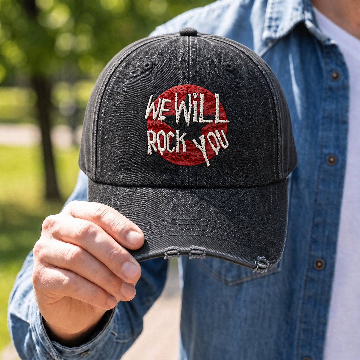 QNR We Will Rock You Typography Distressed Denim Cap