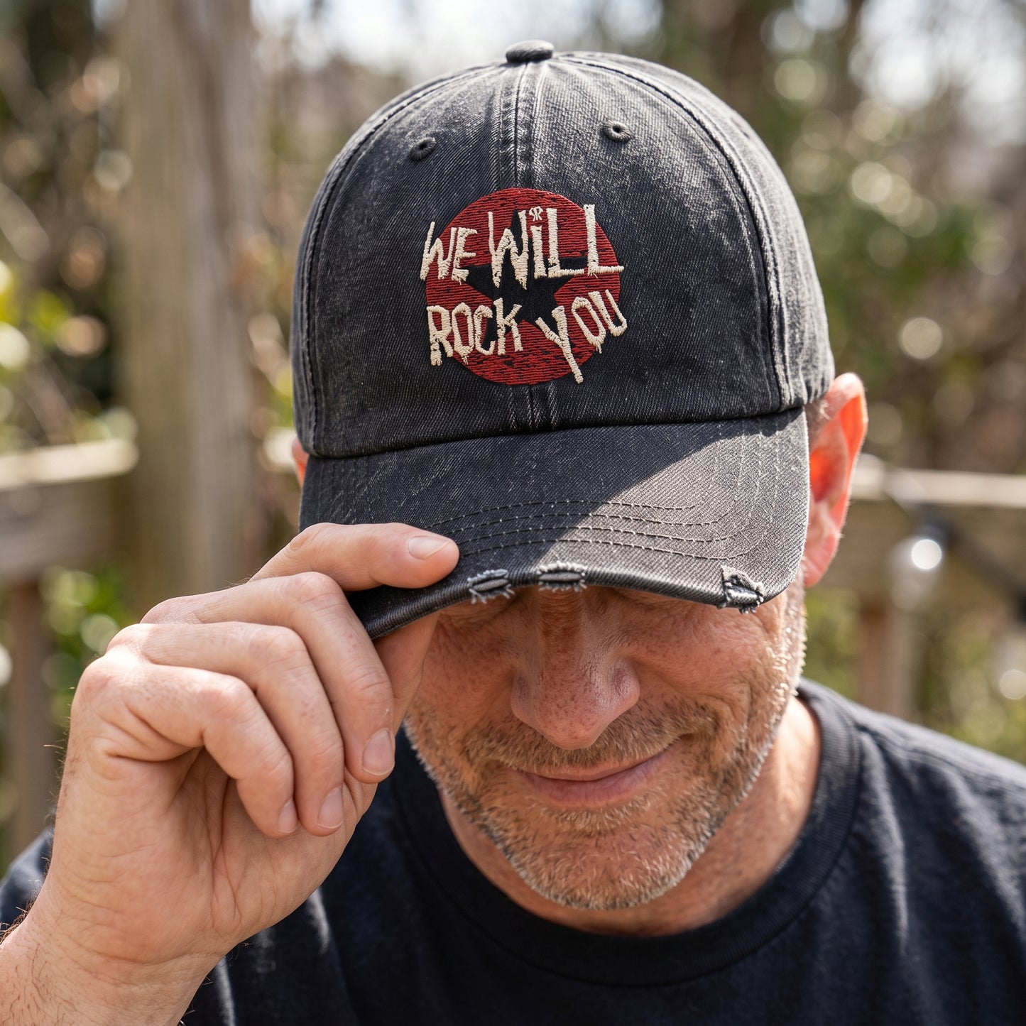 QNR We Will Rock You Typography Distressed Denim Cap